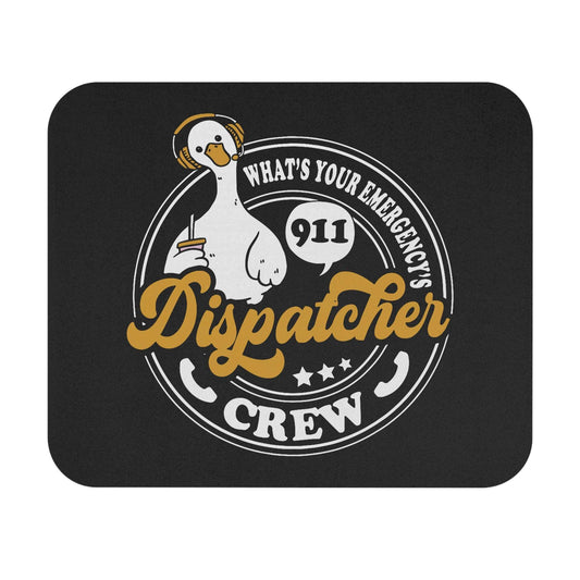 Rectangular 911 Dispatcher Crew mouse pad with playful goose in headset and vibrant print on black background