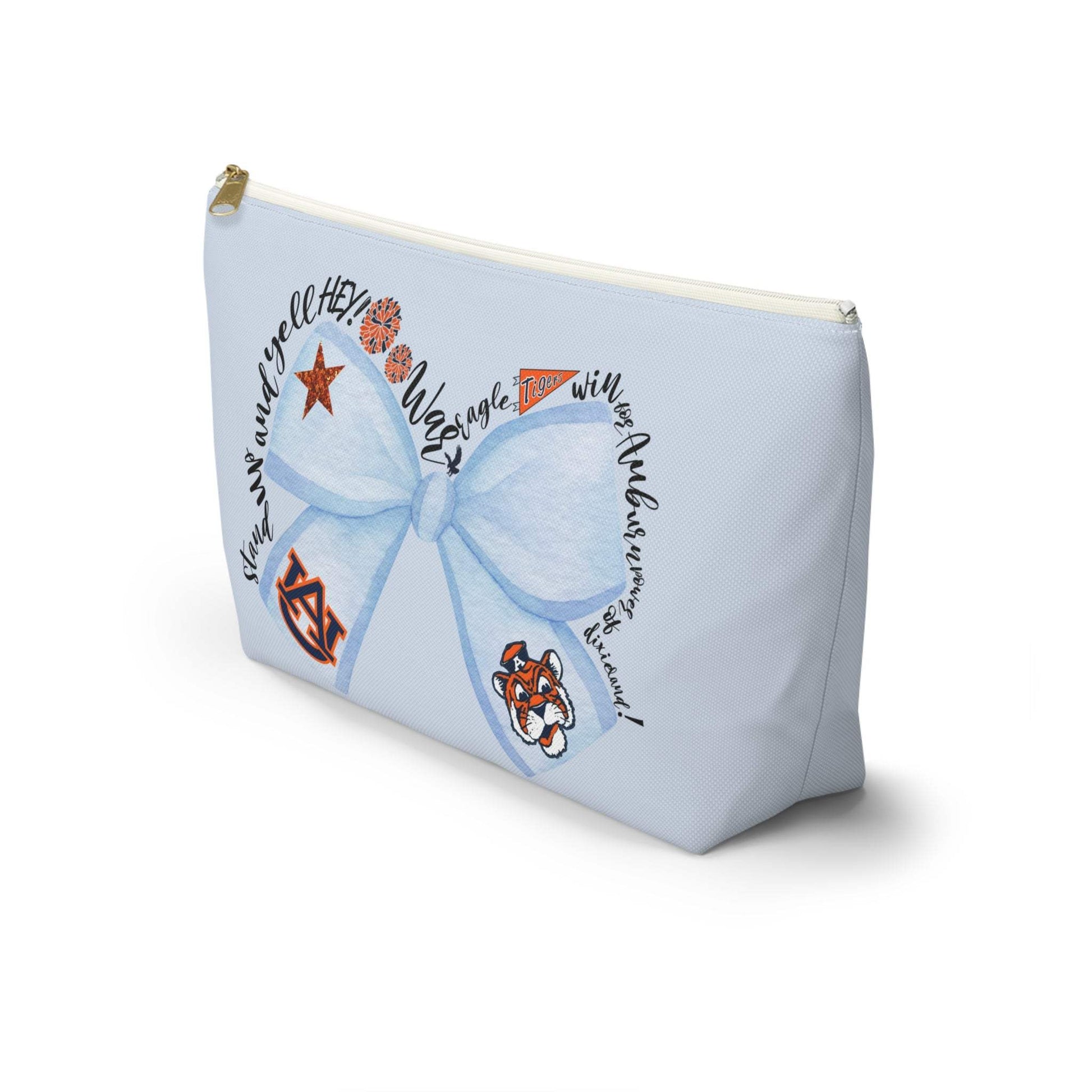 Light blue Blue Bow Auburn Logo accessory pouch with T-bottom and gold zipper pull