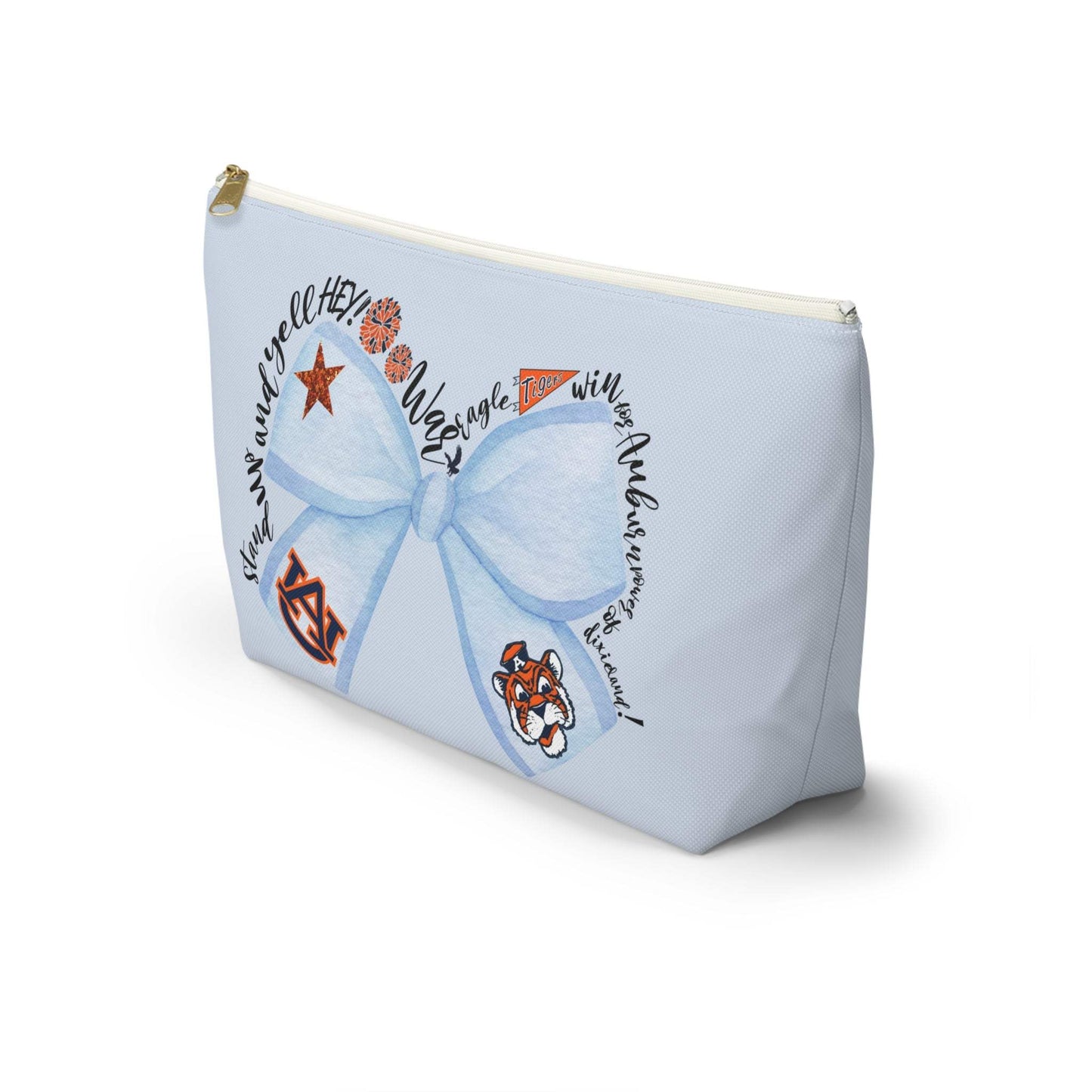 Light blue Blue Bow Auburn Logo accessory pouch with T-bottom and gold zipper pull