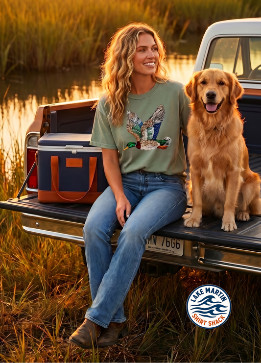 Faux sequin mallard duck graphic printed on a Comfort Colors T-shirt