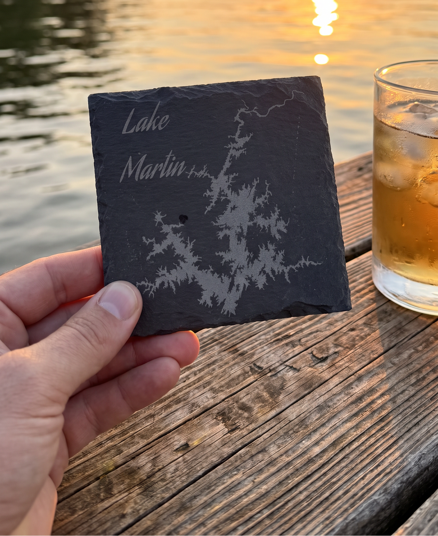 Customizable laser-engraved slate coaster with Lake Martin Alabama map and personalized text