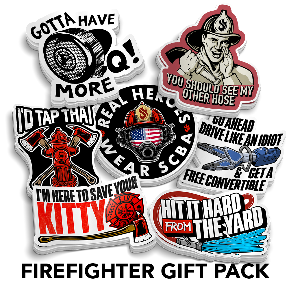 Firefighter themed vinyl sticker pack with 7 occupational designs for laptops and water bottles