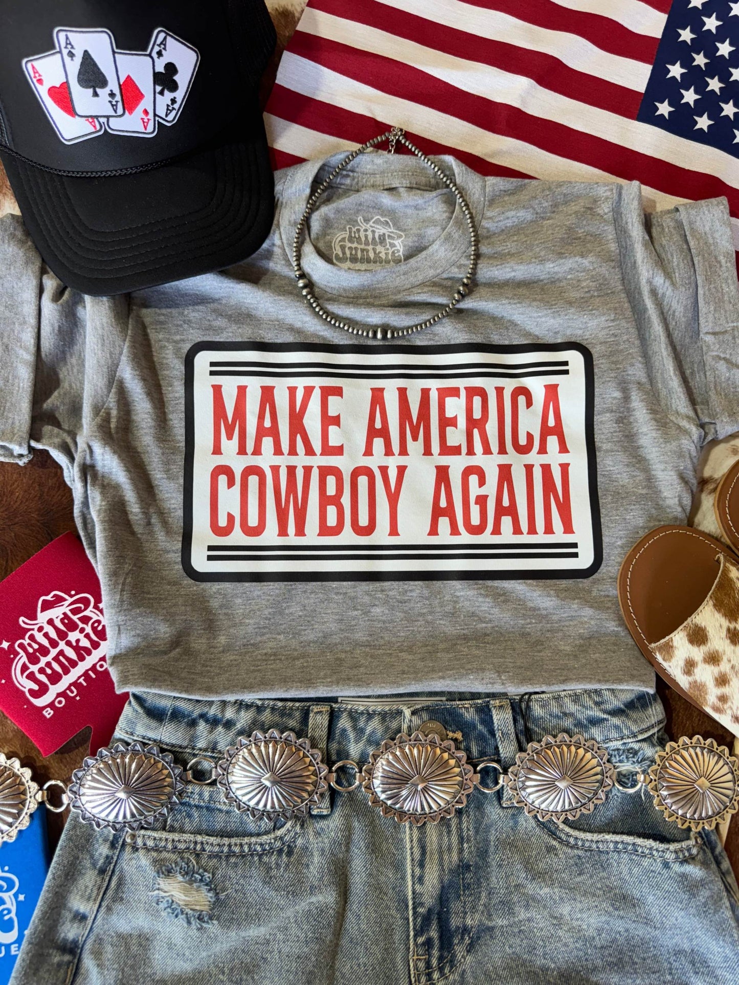Make America Cowboy Again Banner graphic tee with unisex fit and USA-made DTF transfer design