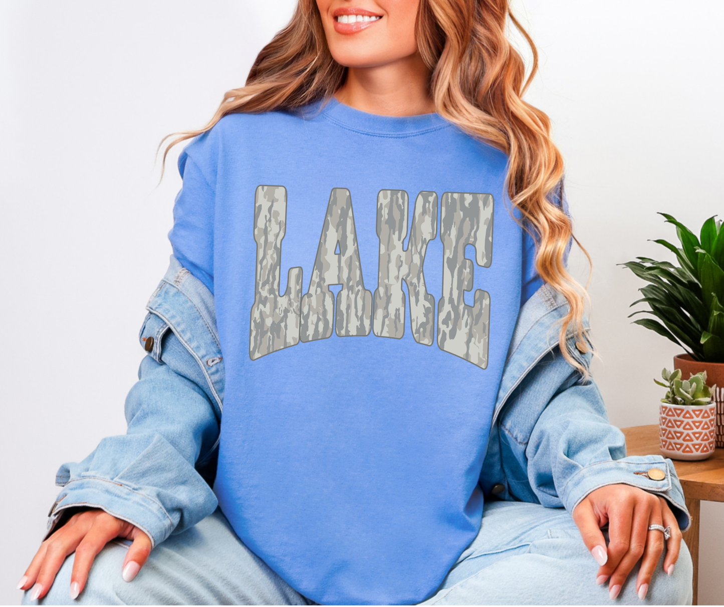 Lake Camo graphic printed on a Washed Denim Comfort Colors T-shirt