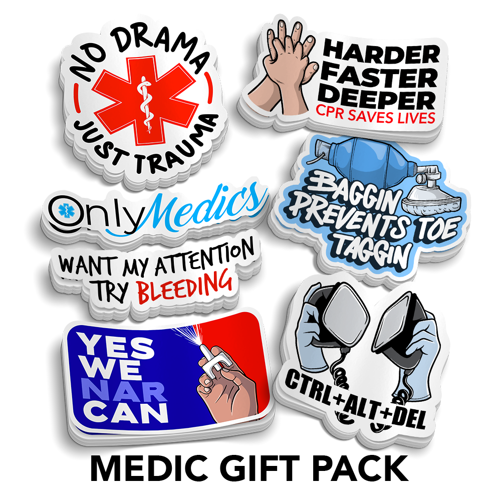 Medic and EMT themed sticker gift packs with 7 vinyl occupational stickers for laptops and water bottles