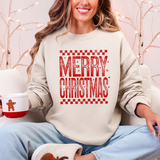 Merry Christmas, Checkered, Retro, Vintage Graphic Sweatshirt With Plush Fleece Interior