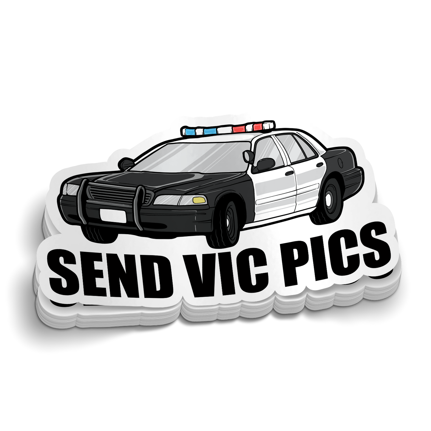 Send Vic Pics funny police sticker on durable vinyl for tumblers and laptops