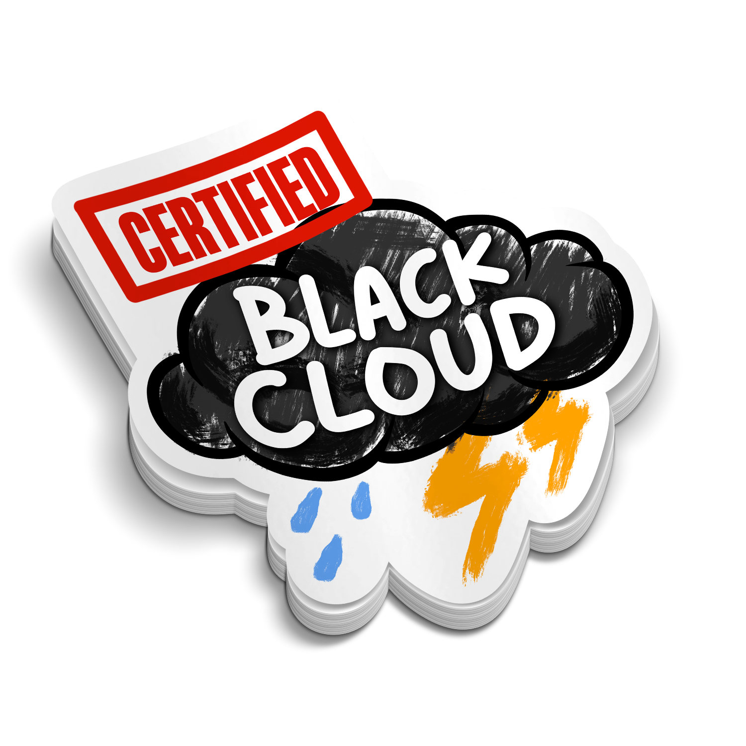 Certified Black Cloud funny sticker on black background with firestickers logo
