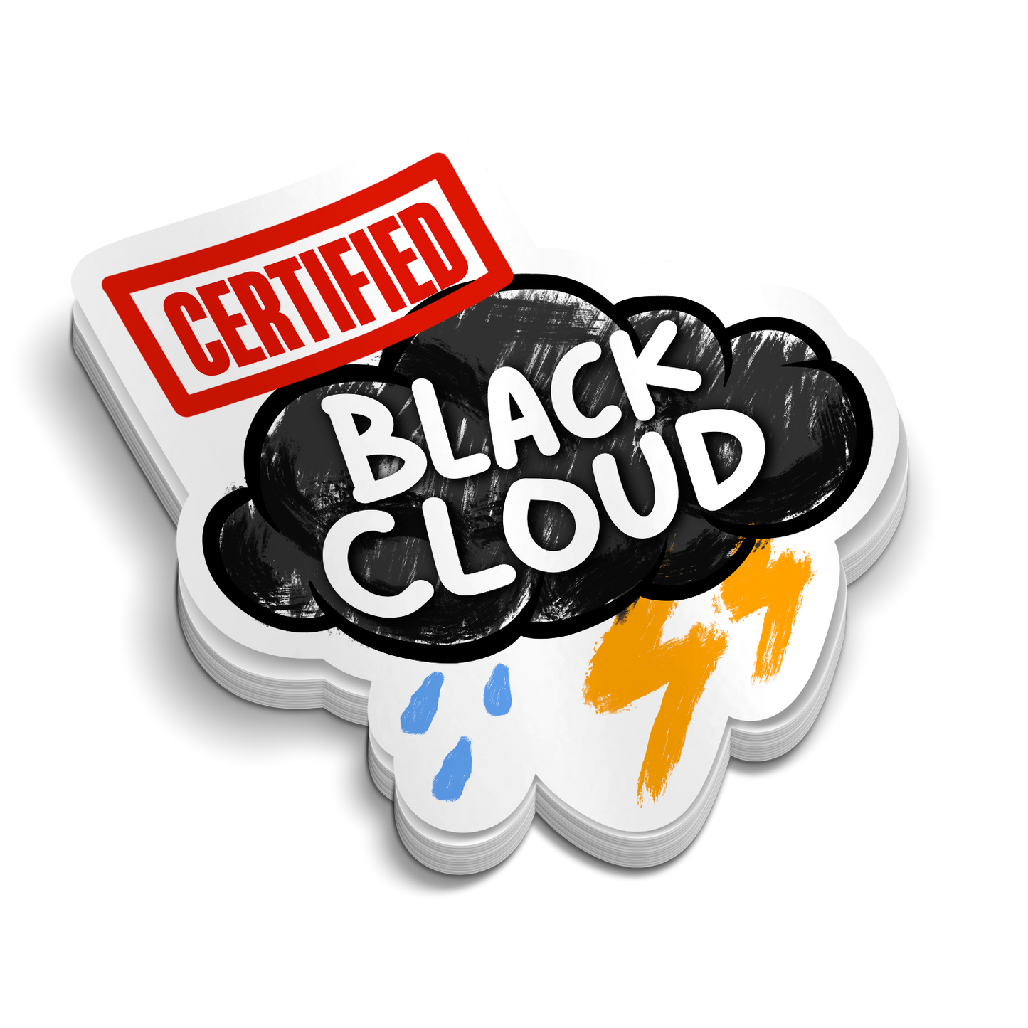 Certified Black Cloud funny sticker on black background with firestickers logo