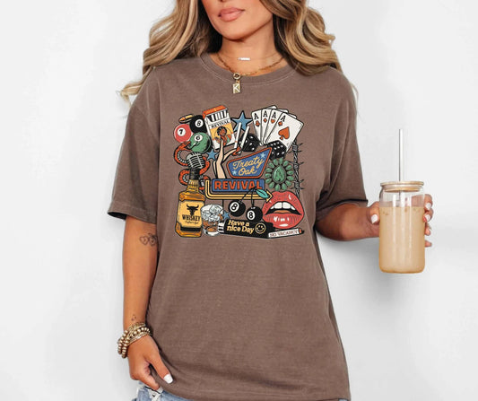 Neon Honky-Tonk Western collage graphic on an Espresso Comfort Colors T-shirt