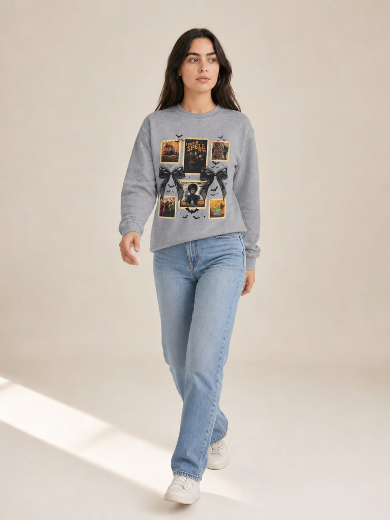 Woman modeling a Sport Grey crewneck sweatshirt featuring a vintage witch-themed Halloween collage with black bows, bats, pumpkins, and orange accents.
