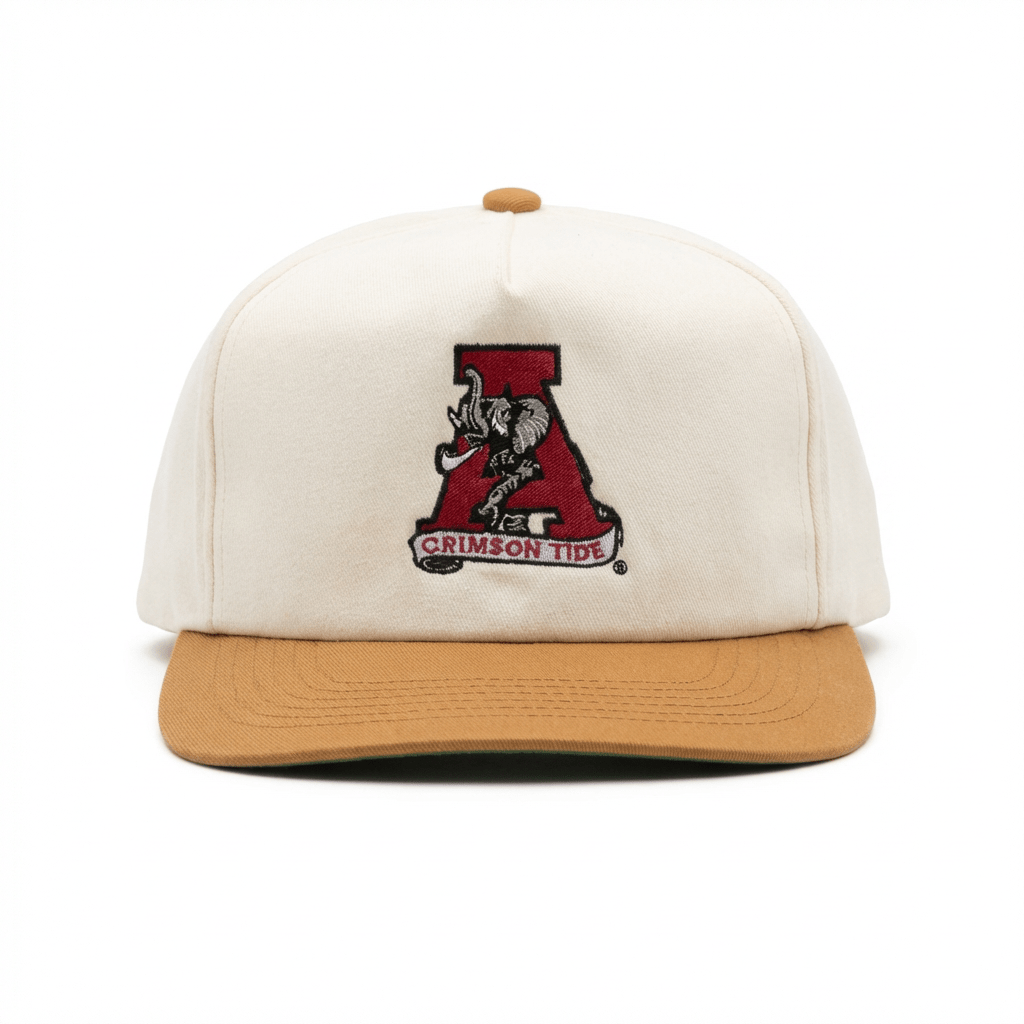 Alabama Crimson Tide two-tone snapback hat in cream cotton with tan brim and embroidered vintage A logo
