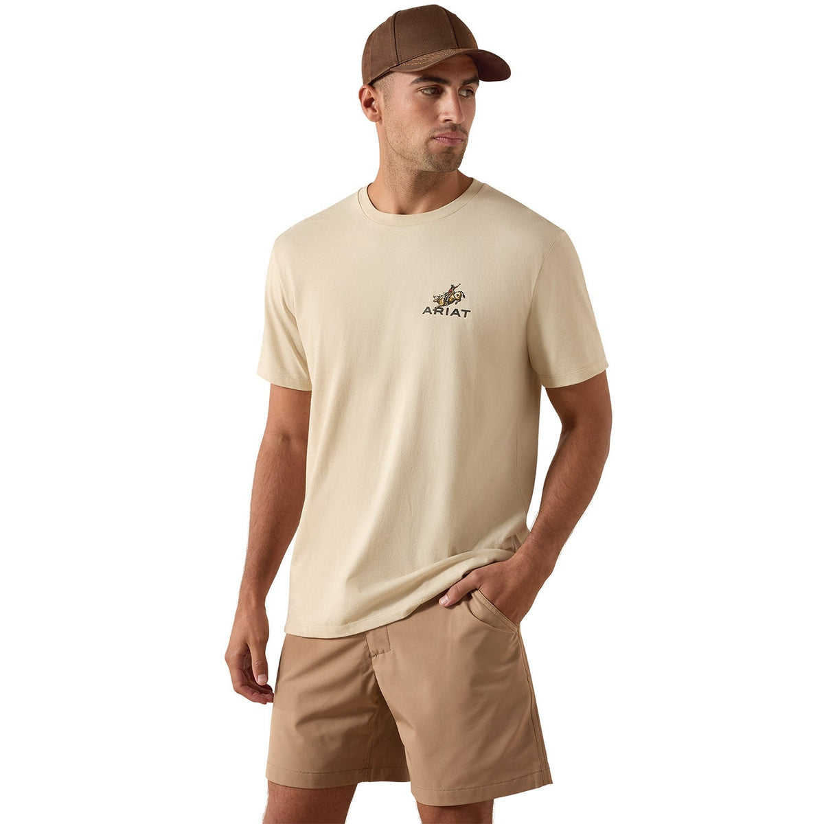 Ariat Mens Short Sleeve Shirt in beige cotton with small western graphic and logo on chest, classic relaxed fit design.