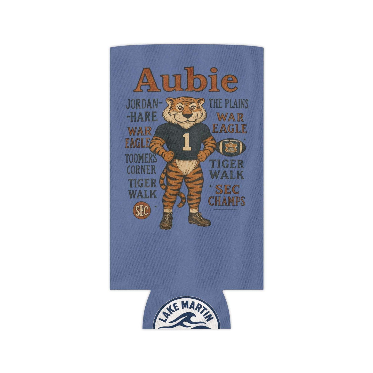 Aubie Mascot Can Cooler in blue polyester featuring a vintage Auburn tiger mascot and orange text with SEC Champs and Lake Martin logo