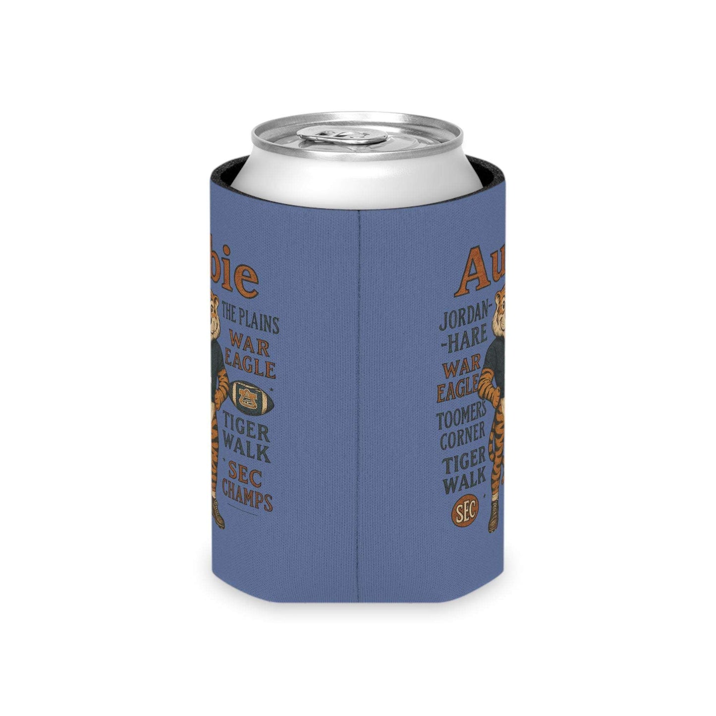 Aubie Mascot Can Cooler with blue polyester exterior featuring vintage Auburn tiger mascot and stadium chants, insulated koozie