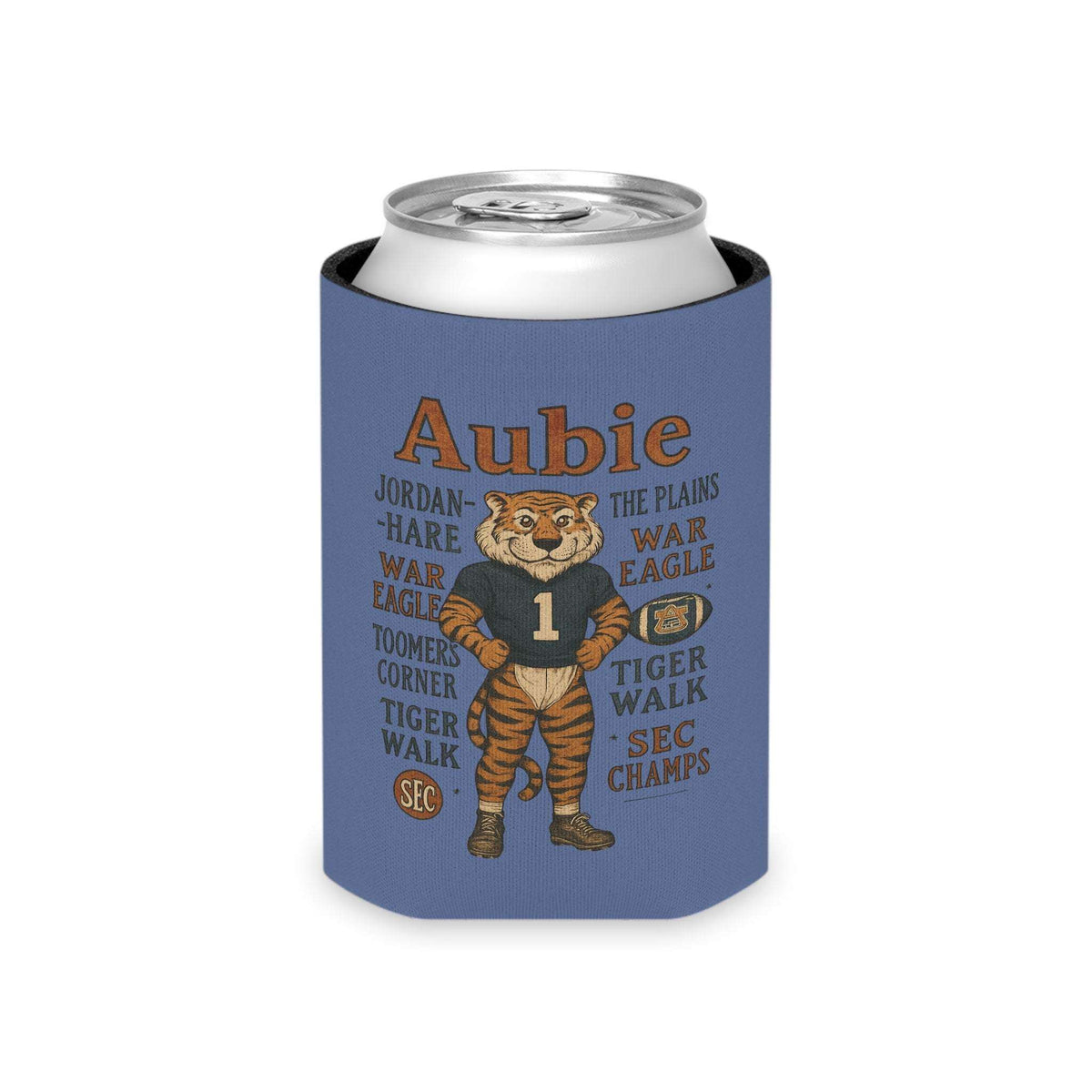 Aubie Mascot Can Cooler in blue with vintage tiger mascot wearing a jersey and text featuring Auburn landmarks and chants