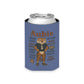 Aubie Mascot Can Cooler in blue with vintage tiger mascot wearing a jersey and text featuring Auburn landmarks and chants