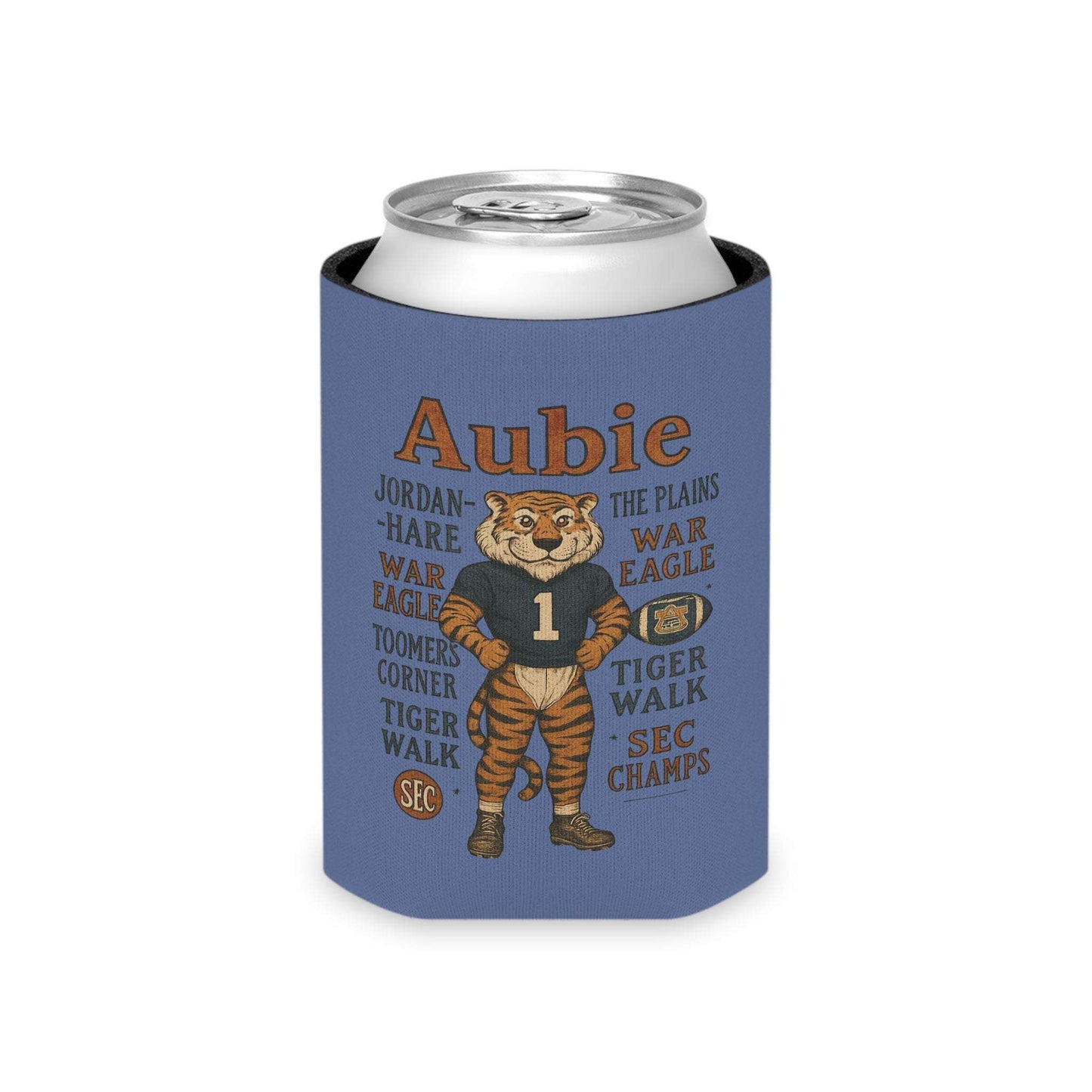 Aubie Mascot Can Cooler in blue with vintage tiger mascot wearing a jersey and text featuring Auburn landmarks and chants