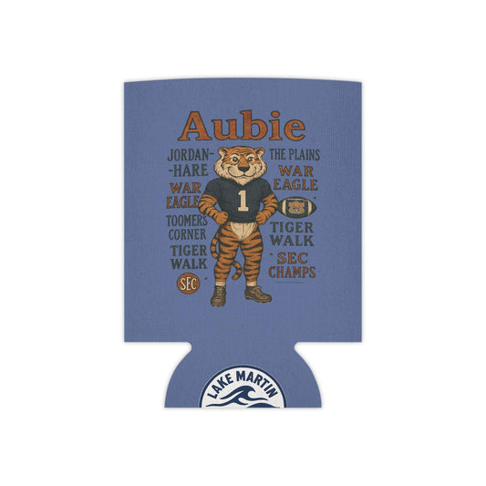 Aubie Mascot Can Cooler in blue polyester with vintage Auburn tiger mascot and text featuring stadium chants and landmarks