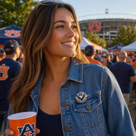 Auburn Eagle Stadium Pin on a woman’s blue denim jacket, featuring a round orange-and-navy eagle design