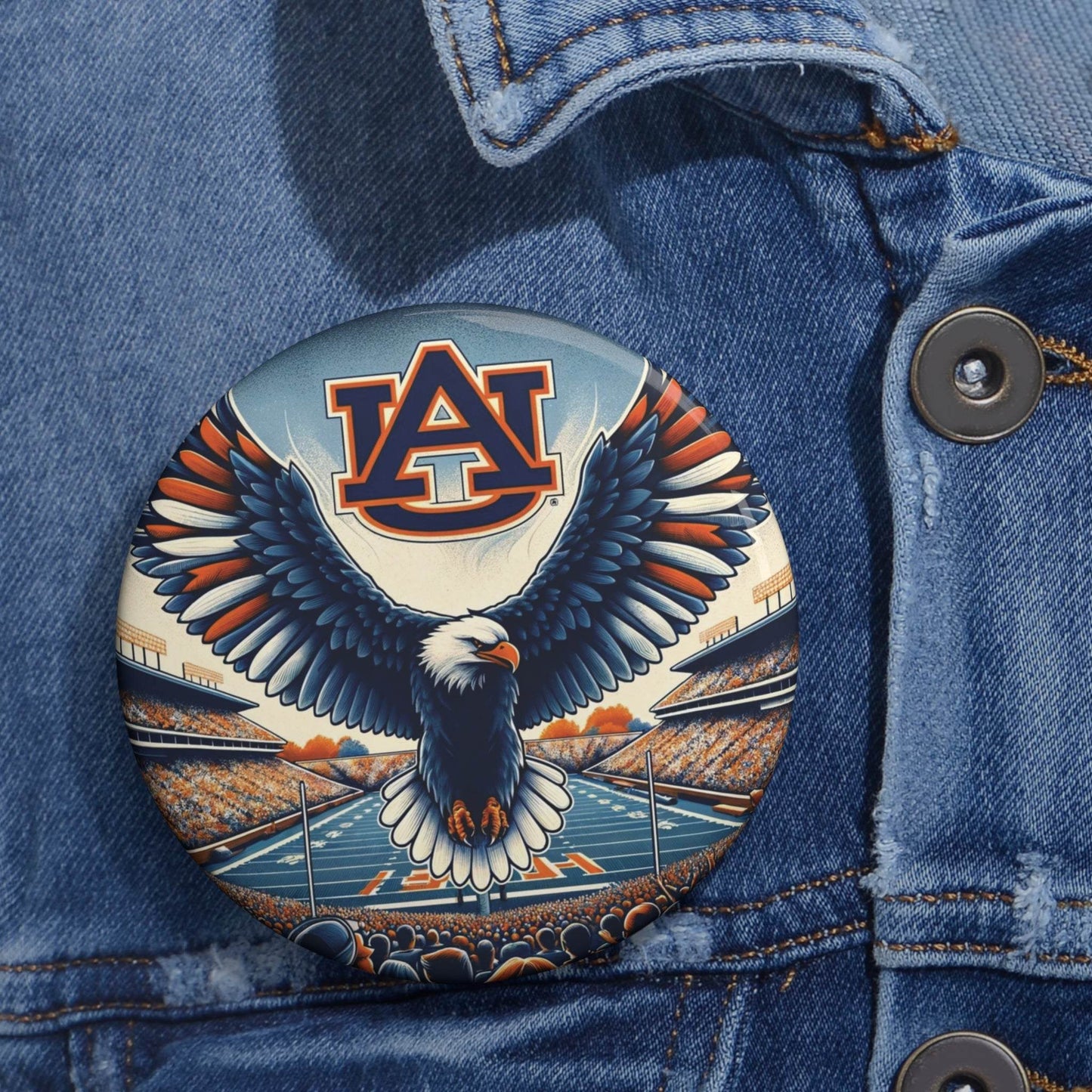 Auburn Eagle Stadium Pin with glossy metal finish, Auburn logo, soaring eagle, and football stadium design