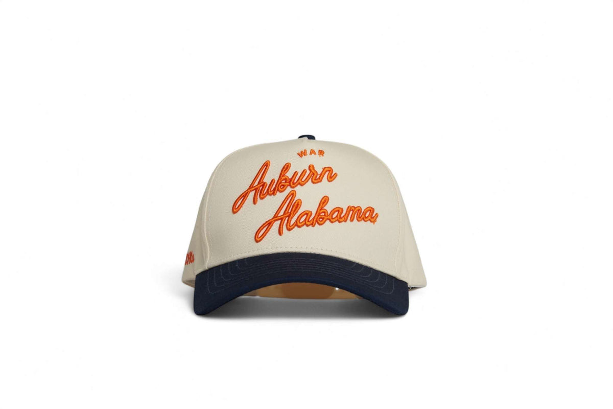 Auburn Script Hat in beige with navy blue brim, curved bill, and orange Auburn Alabama script embroidery