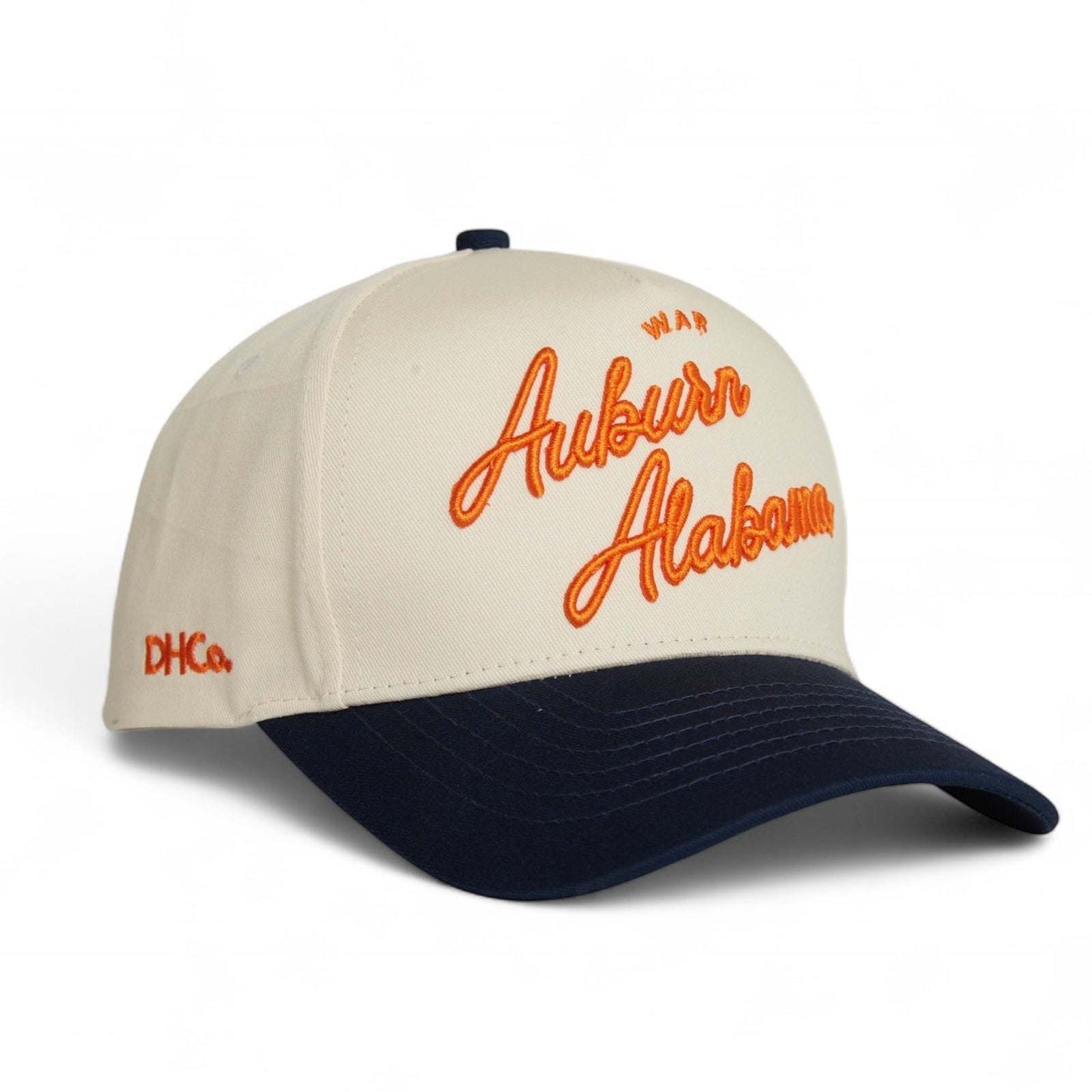 Auburn Script Hat in beige and navy cotton with orange embroidered script, pre-curved brim, and low-profile fit