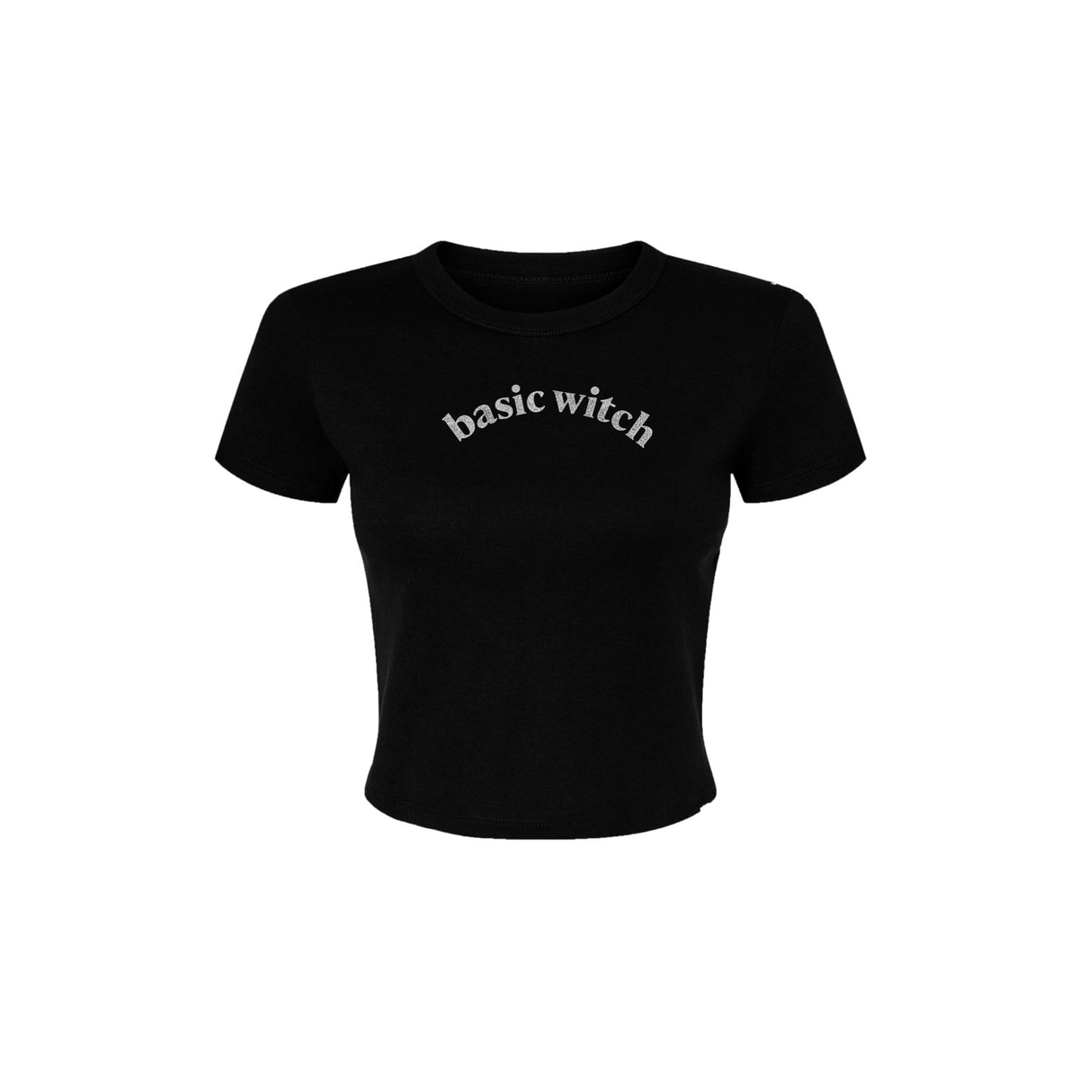 Basic Witch Women's Fitted Baby Tee in black with a white distressed curved Basic Witch graphic and fitted short sleeves