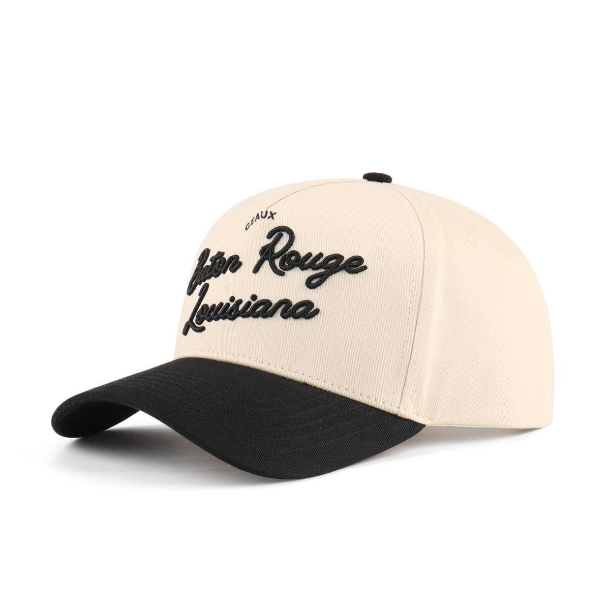 Baton Rouge beige and black cotton trucker hat with embroidered script, curved black brim, and low-profile crown