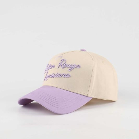 Trucker hat in beige and lavender with embroidered Baton Rouge Louisiana script and curved brim, Callin’ Baton Rouge!