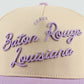 Trucker hat in beige and lavender with raised Baton Rouge Louisiana script, Callin’ Baton Rouge! design