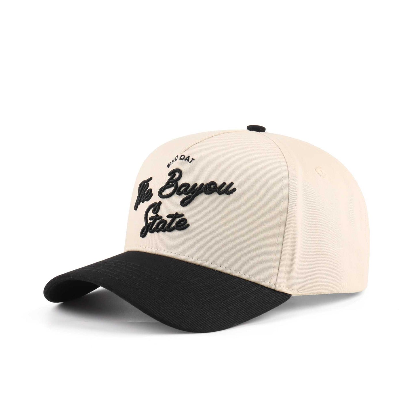 Bayou Script Hat in beige with a black pre-curved brim and raised script embroidery reading Bayou State