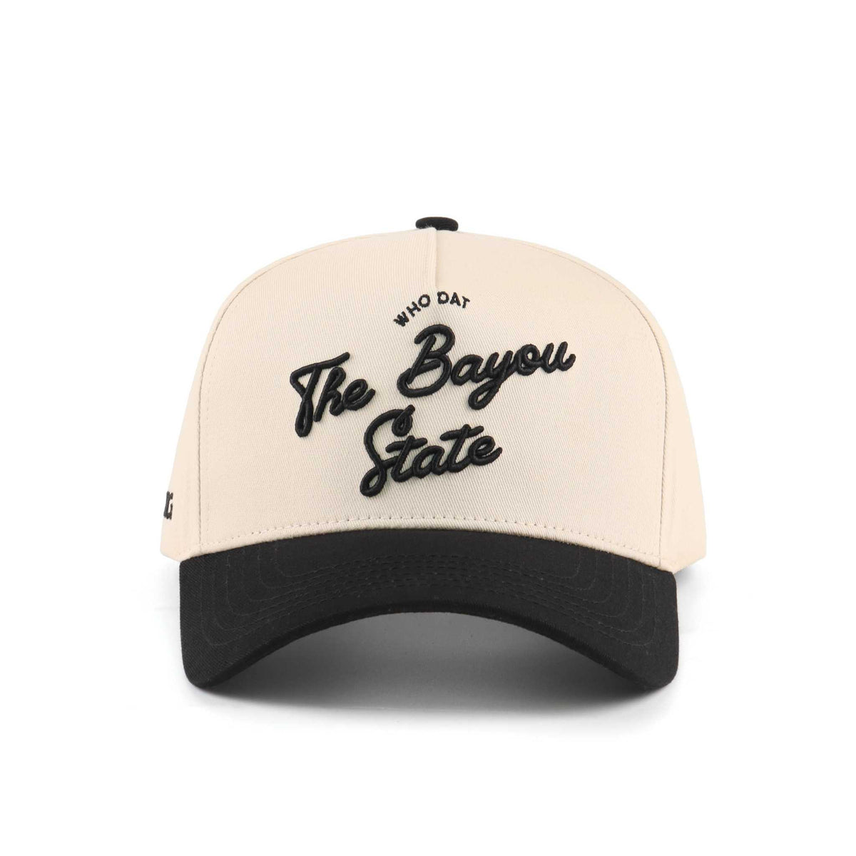 Bayou Script Hat in beige and black with embroidered script lettering and a pre-curved brim
