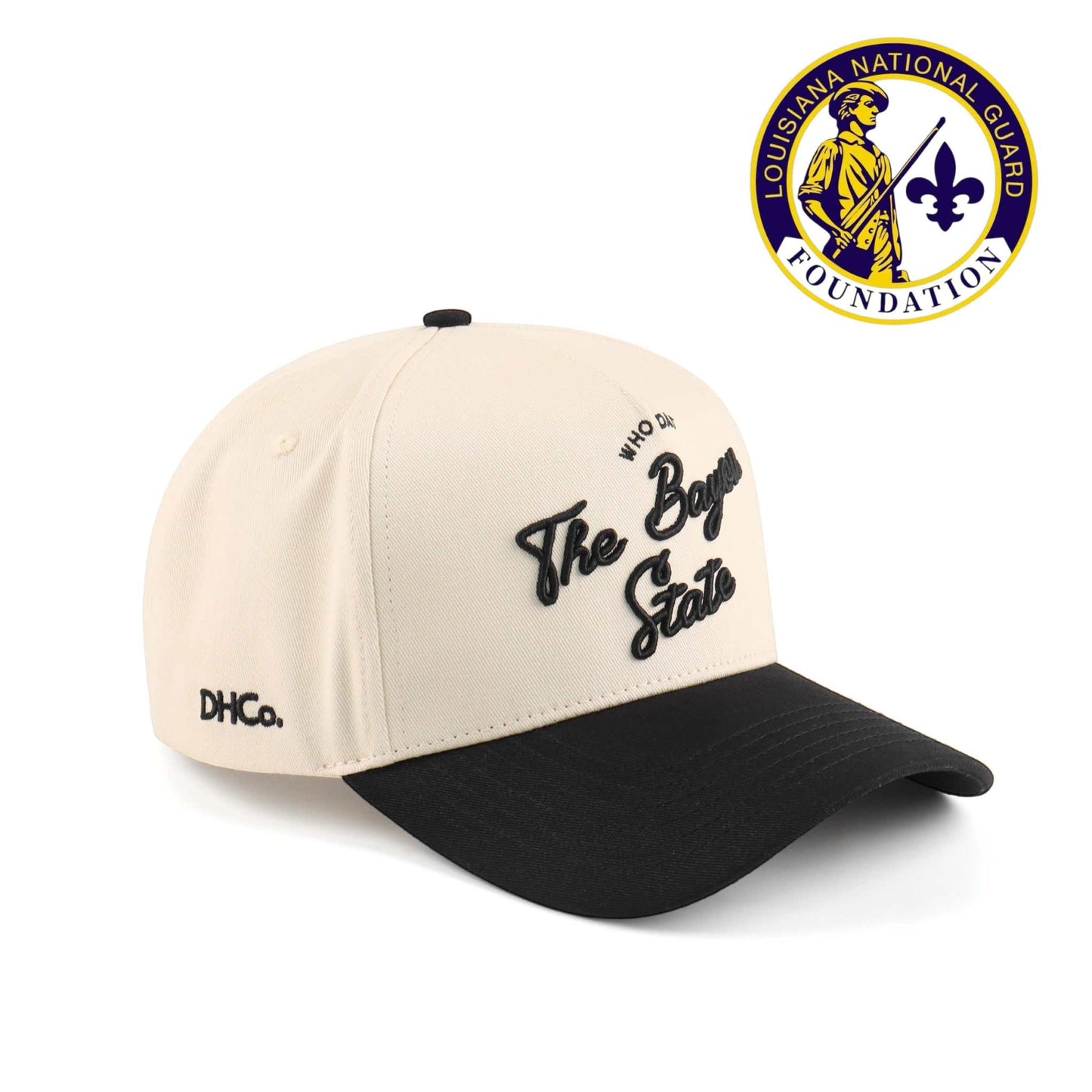 Bayou Script Hat, beige and black cotton trucker cap with embroidered script and pre-curved brim
