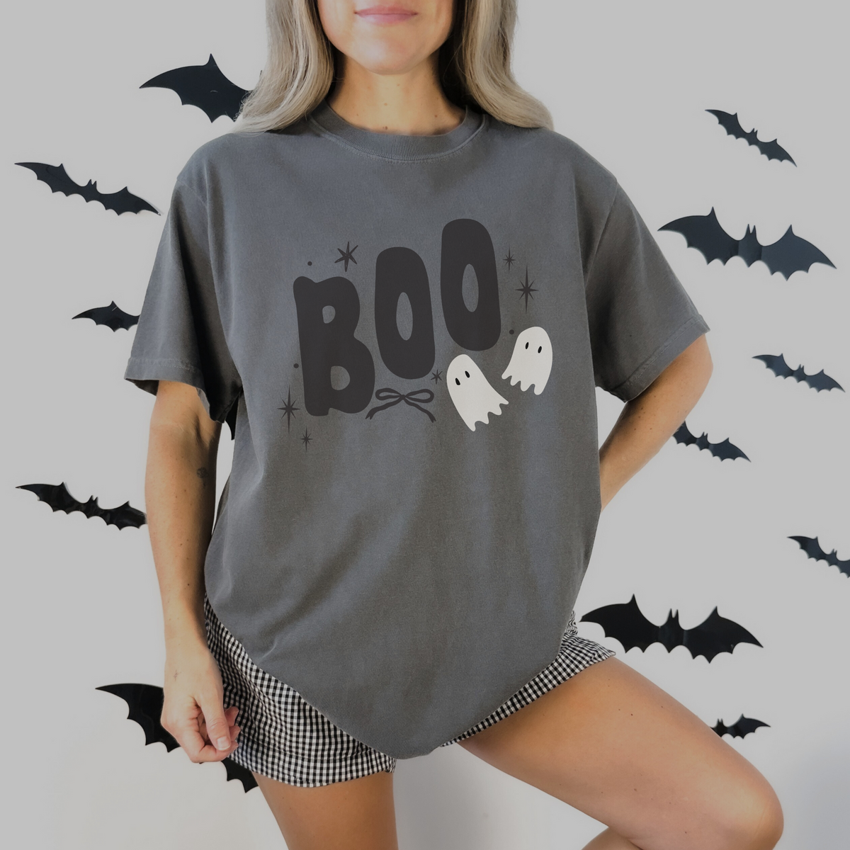 BOO Halloween Graphic Tee in charcoal gray cotton with bold black BOO lettering, two white ghosts, and stars