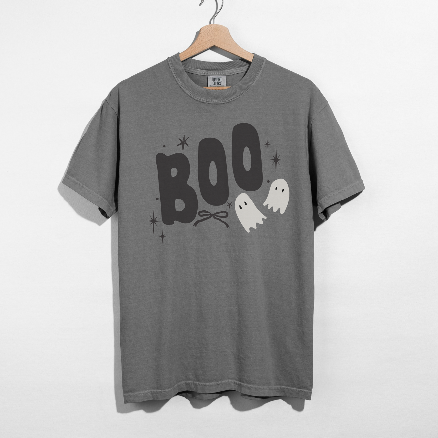 BOO Halloween Graphic Tee in charcoal gray cotton with bold black BOO lettering, two white ghosts, stars and bow