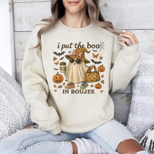Boujee Ghost cream sweatshirt with vintage Halloween ghost, pumpkins, bats, witch hat, and bold graphic print