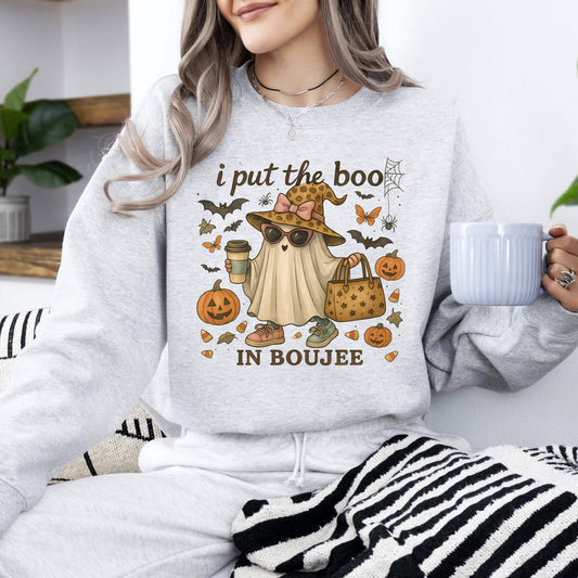 Boujee Ghost gray sweatshirt with vintage witch-hat ghost graphic, pumpkins, autumn leaves, and spooky text