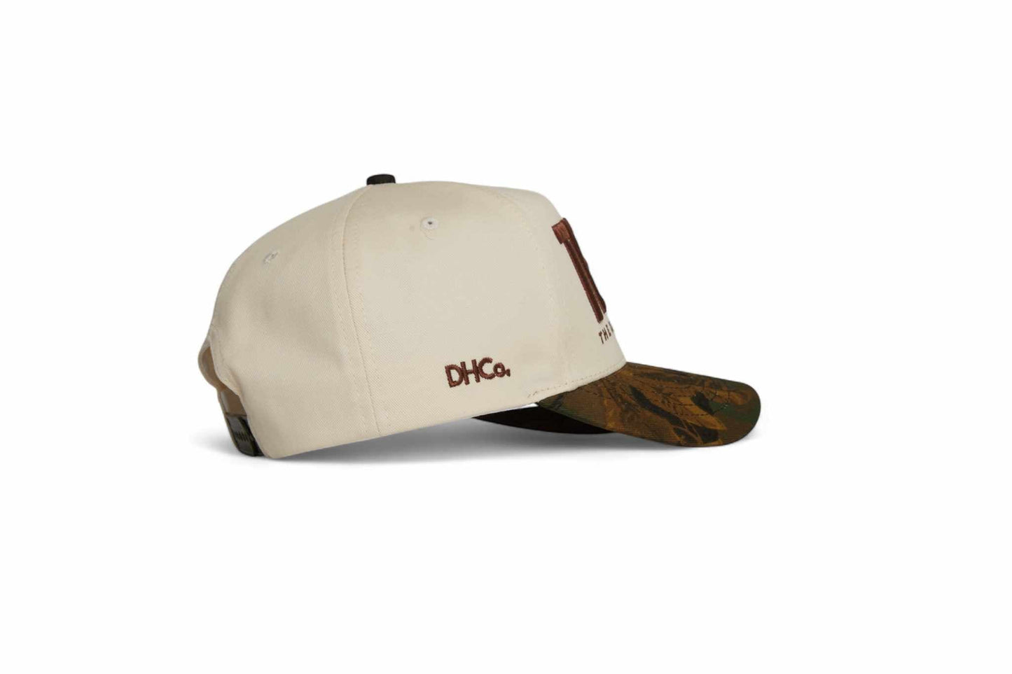 Camo Kentucky SnapBack beige cotton cap with brown camouflage pre-curved brim and embroidered side logo