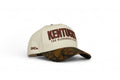 Camo Kentucky SnapBack in beige with a brown camouflage curved brim, embroidered Kentucky lettering, and snapback closure