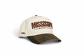Camo Mississippi Snapback trucker hat in beige with a brown camouflage pre-curved brim and Mississippi logo
