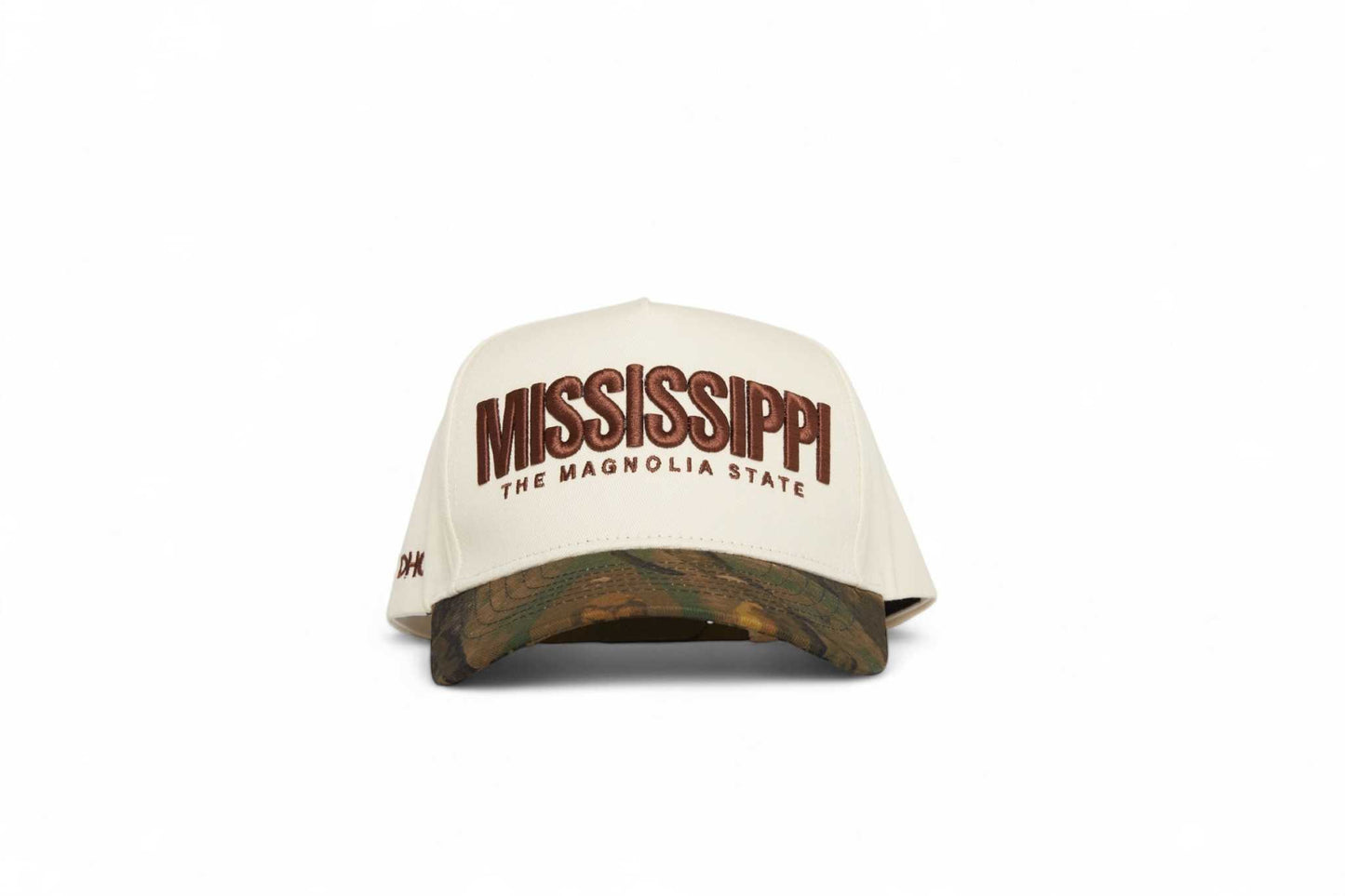 Camo Mississippi Snapback in beige with camouflage brim, curved bill, and bold Mississippi front lettering
