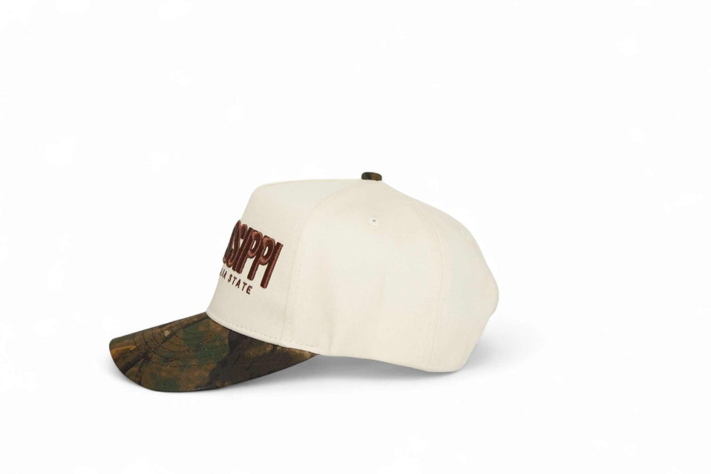 Camo Mississippi Snapback in cream cotton with a brown camouflage pre-curved brim and embroidered Mississippi lettering