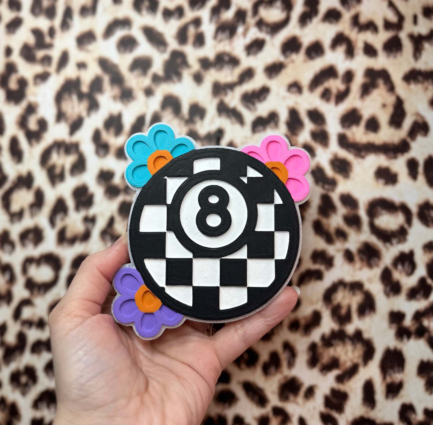 Checkered 8 Ball Freshie in black and white with colourful flower accents and raised 8 ball centre