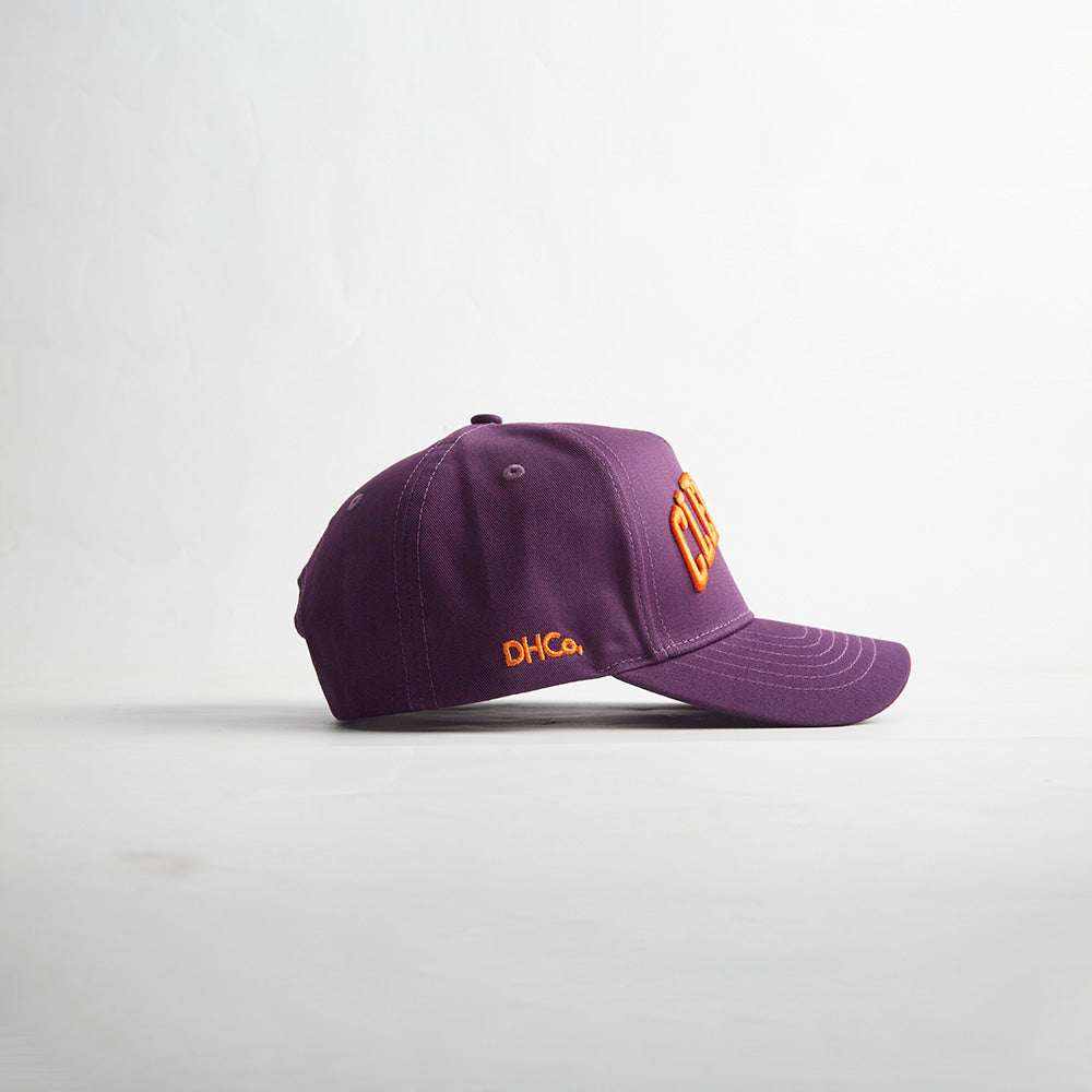 Clemson South Carolina purple snapback cap with orange embroidered lettering, structured crown and curved bill