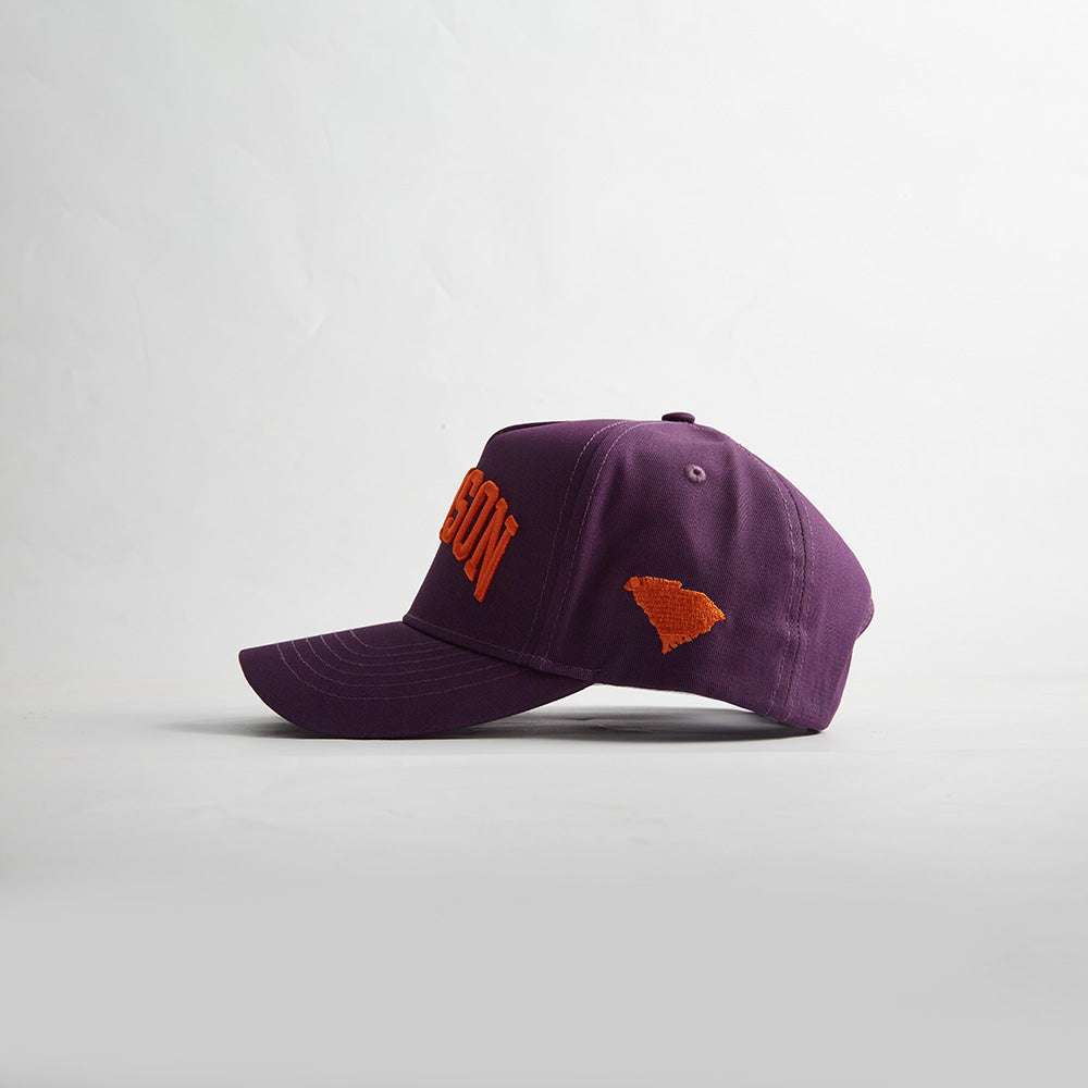 Clemson South Carolina purple snapback cap with orange CLEMSON embroidery and South Carolina side patch