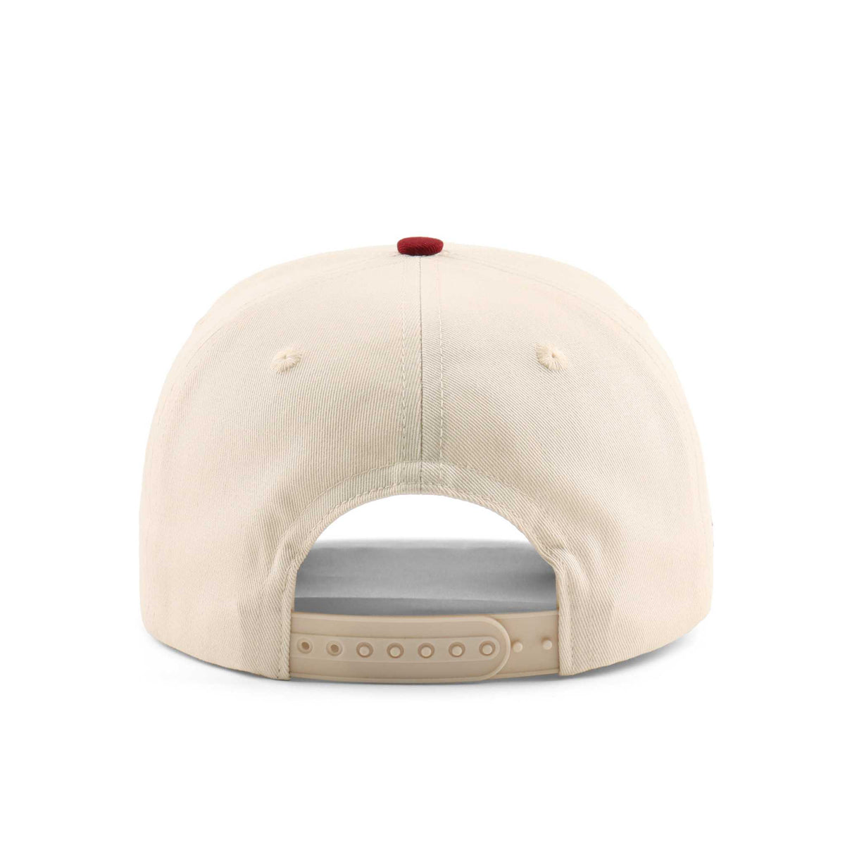 College Station Script Hat in beige cotton with a maroon top button and adjustable snapback closure