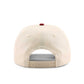 College Station Script Hat in beige cotton with a maroon top button and adjustable snapback closure
