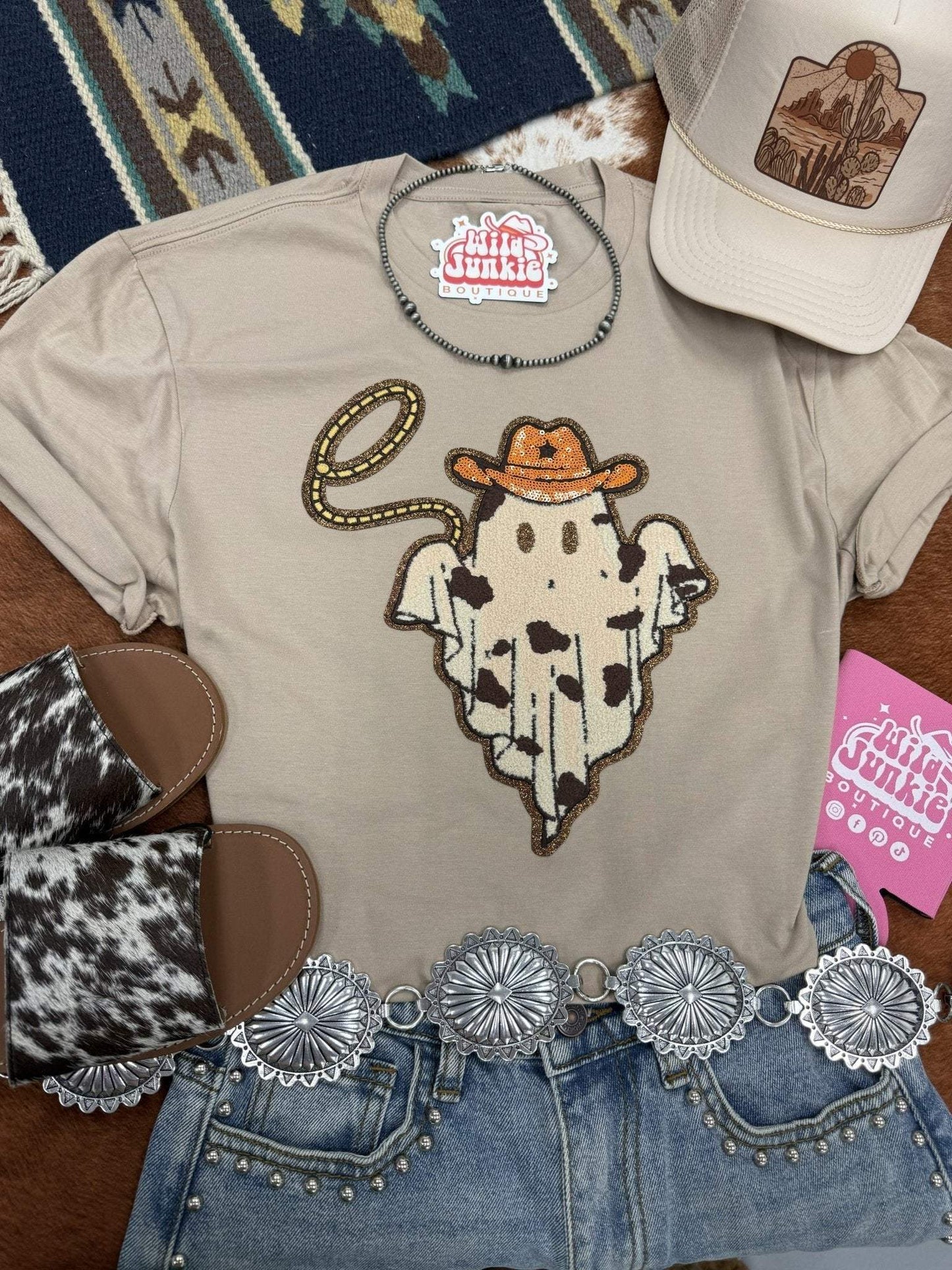 Cowboy ghost sequin patch tee with sparkling sequins and unisex fit