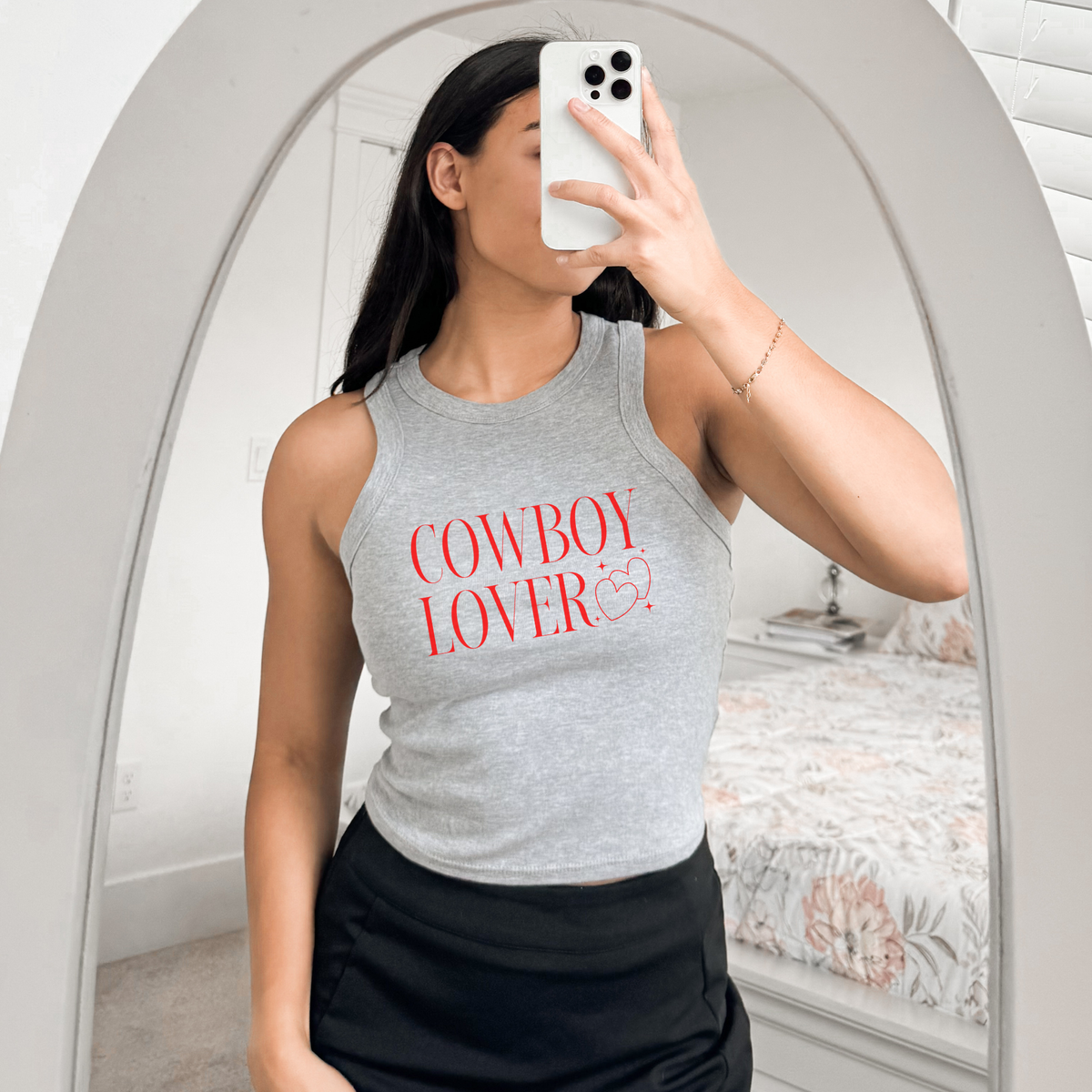 Cowboy Lover Tank in athletic heather gray ribbed fabric with red cowboy lover heart graphic and racerback cut